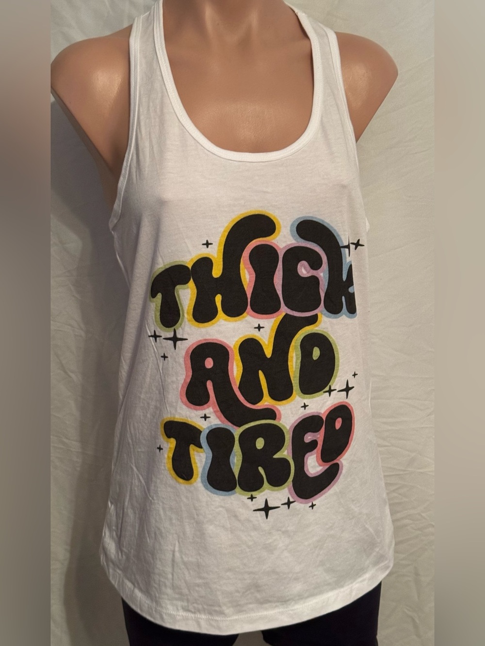 NWOT! White Graphic Racer Back Tank "Thick and Tired"